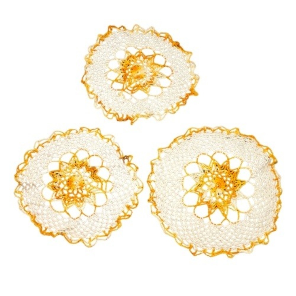 Vintage Handmade Crochet Doily Set 3 Sunburst Yellow Orange Lace Round Scalloped
